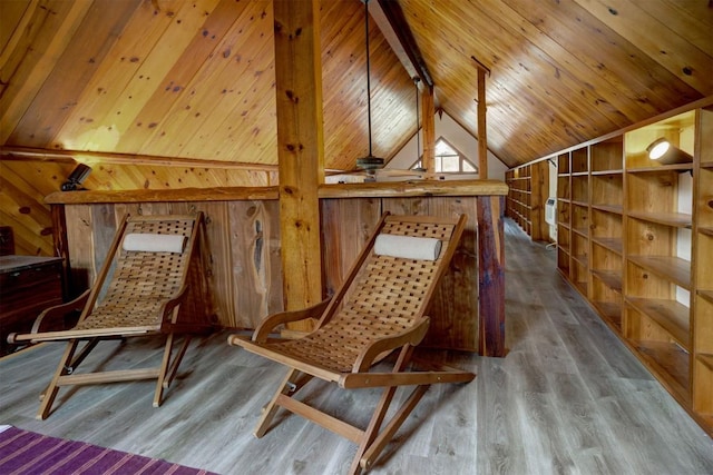 living area featuring wooden walls, wood ceiling, lofted ceiling, and wood finished floors