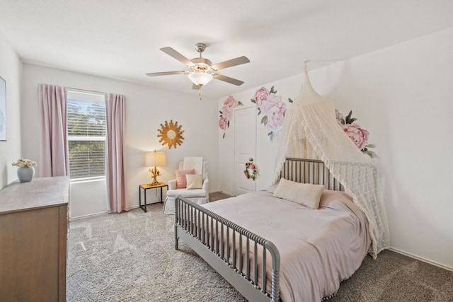 bedroom with baseboards, a ceiling fan, and carpet floors