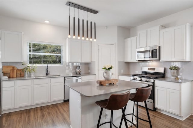 kitchen with a sink, wood finished floors, white cabinetry, and stainless steel appliances