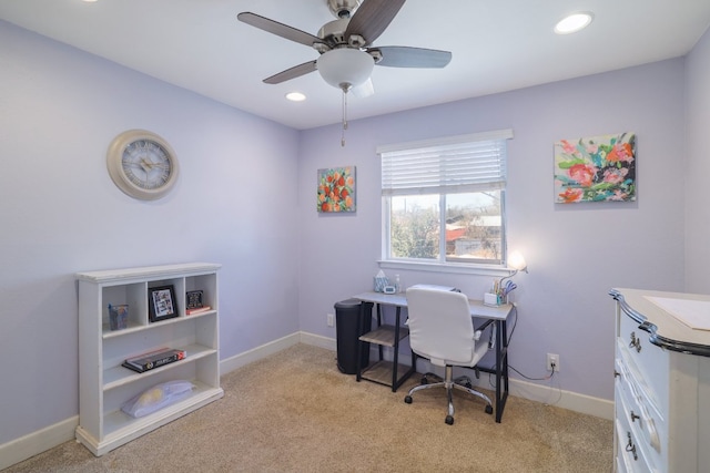 office area featuring recessed lighting, baseboards, light carpet, and a ceiling fan