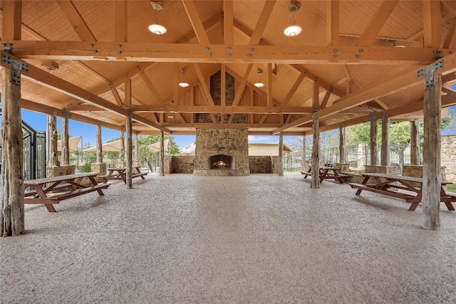 view of patio / terrace with an outdoor stone fireplace