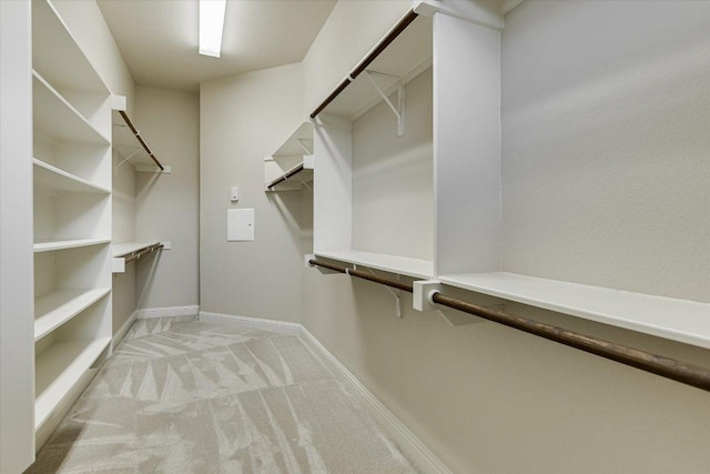 walk in closet with light carpet