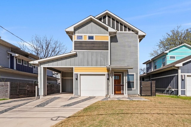 view of front of home featuring concrete driveway, a carport, board and batten siding, and a front lawn