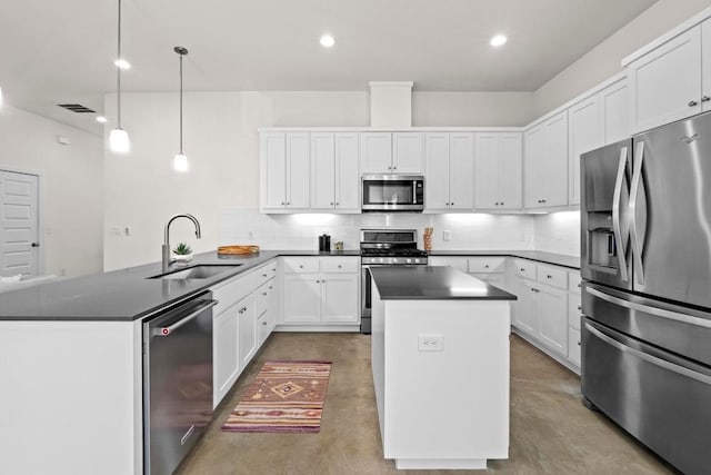 kitchen featuring concrete floors, a sink, appliances with stainless steel finishes, dark countertops, and tasteful backsplash