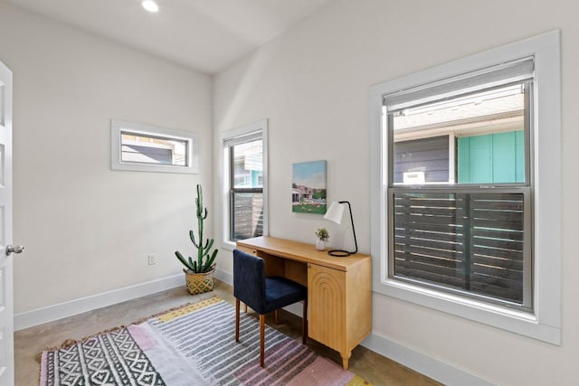 office area featuring recessed lighting and baseboards