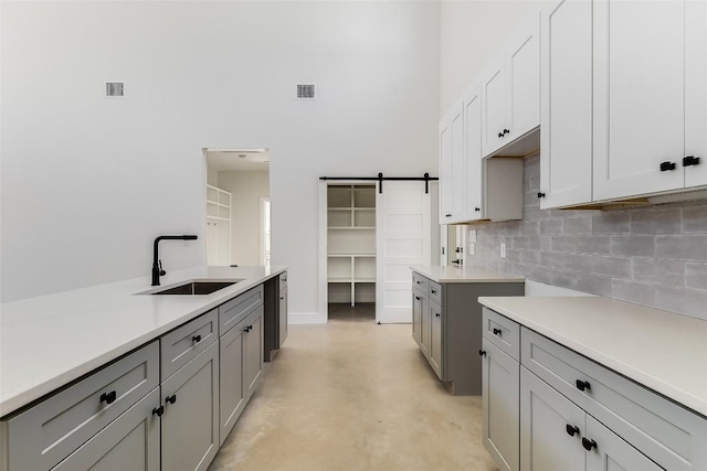 kitchen featuring a sink, visible vents, finished concrete flooring, tasteful backsplash, and gray cabinetry