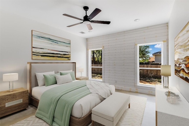 bedroom with visible vents and ceiling fan