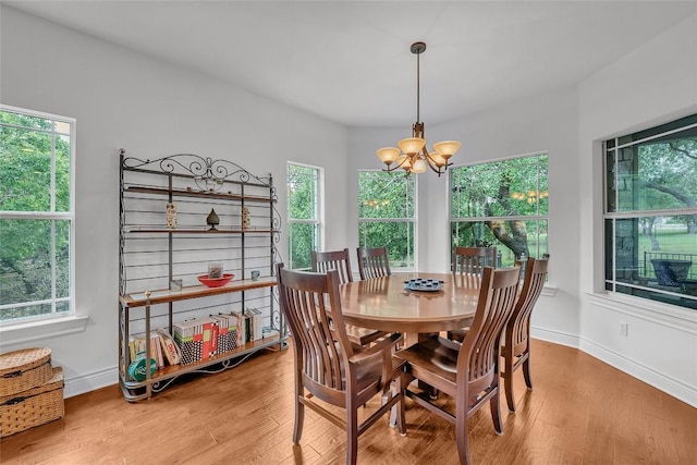 dining space featuring wood finished floors, baseboards, and a chandelier