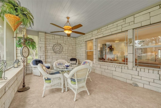 dining room featuring wood ceiling and ceiling fan