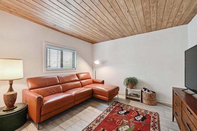 living room with wooden ceiling and baseboards