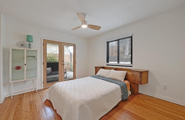 bedroom with ceiling fan, baseboards, light wood-style flooring, french doors, and access to outside