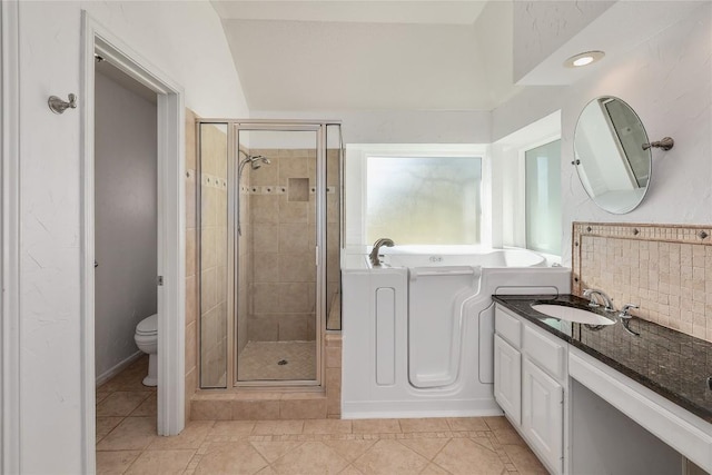 bathroom featuring vanity, a garden tub, toilet, and a stall shower