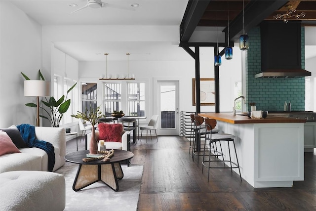 living room featuring dark wood-type flooring