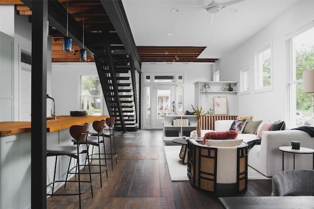 living room featuring recessed lighting, stairway, wood-type flooring, and ceiling fan