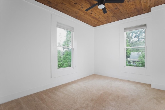 unfurnished room featuring carpet, wooden ceiling, a healthy amount of sunlight, and a ceiling fan