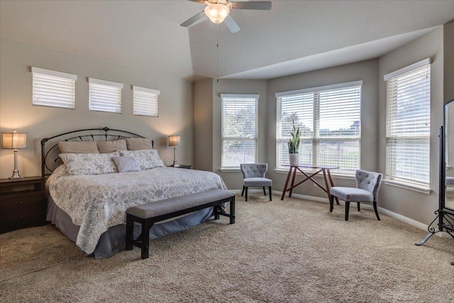 bedroom with baseboards, a ceiling fan, lofted ceiling, and carpet floors