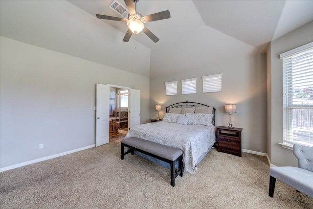 bedroom with visible vents, baseboards, carpet, and vaulted ceiling