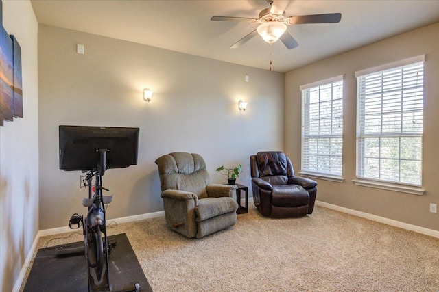 living area featuring a ceiling fan, baseboards, and carpet floors