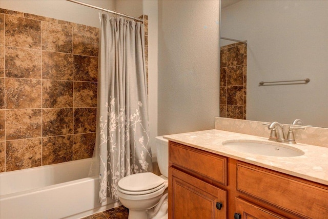 full bathroom with vanity, toilet, and shower / bathtub combination with curtain