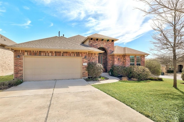 view of front of house with brick siding, a shingled roof, a front lawn, a garage, and driveway