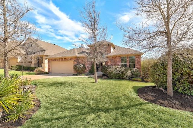 view of front of property with driveway, brick siding, an attached garage, and a front yard