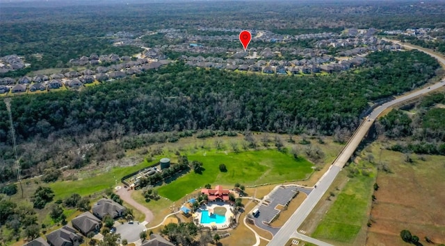 114 Angela Rose Ct, Austin, TX 78737 - aerial view of property and surrounding area featuring a pool area and a heavily wooded area