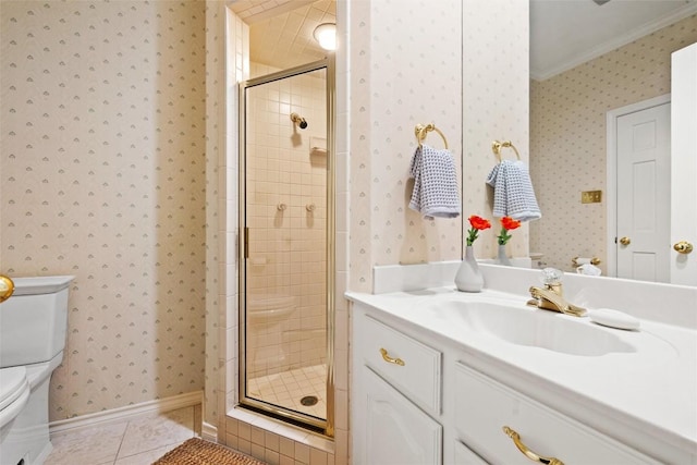 bathroom featuring tile patterned floors, toilet, a stall shower, and wallpapered walls