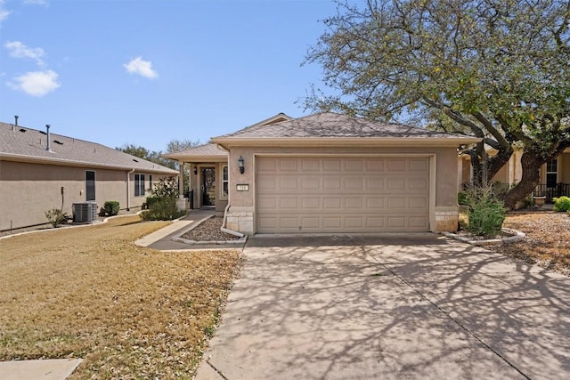 ranch-style house featuring stucco siding, driveway, cooling unit, and an attached garage