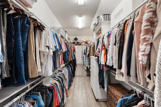 walk in closet with light wood-style flooring