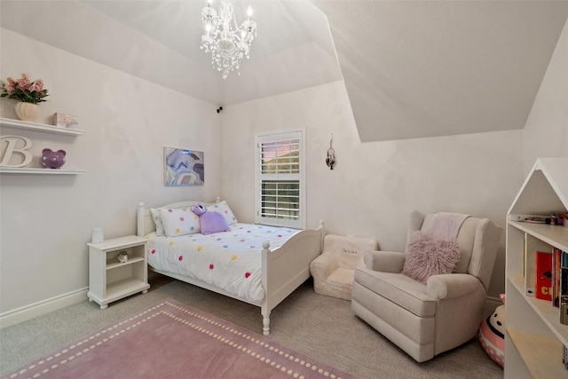 carpeted bedroom with baseboards, an inviting chandelier, and vaulted ceiling