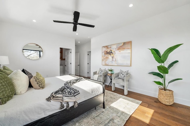 1608 Dexter St, Austin, TX 78704 - bedroom featuring recessed lighting, baseboards, wood finished floors, ensuite bathroom, and a ceiling fan
