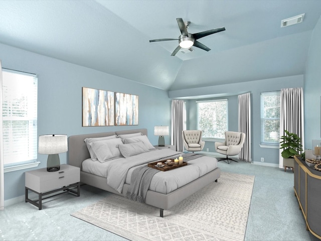 bedroom with a ceiling fan, baseboards, visible vents, carpet floors, and lofted ceiling