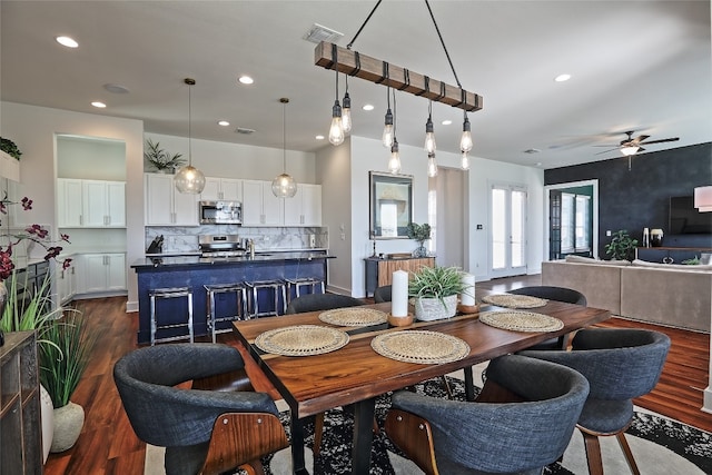 dining area featuring recessed lighting, visible vents, dark wood finished floors, and a ceiling fan