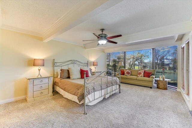 carpeted bedroom featuring beamed ceiling, a textured ceiling, baseboards, and ornamental molding