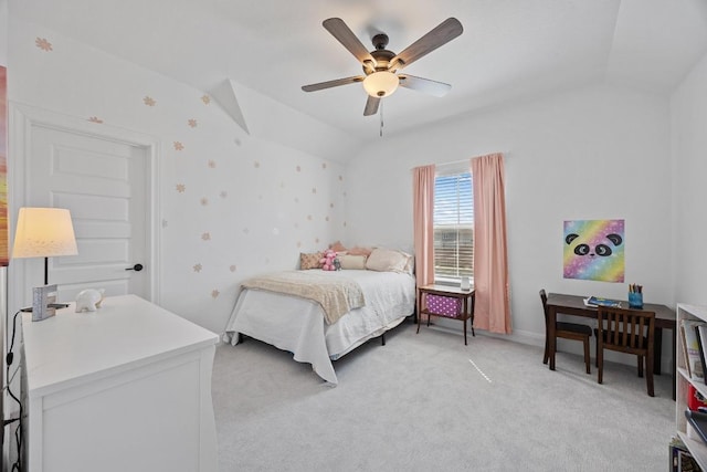 bedroom with light carpet, a ceiling fan, and lofted ceiling