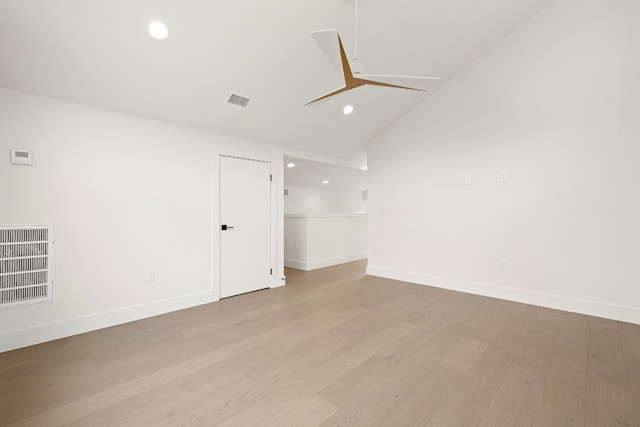 spare room featuring visible vents, baseboards, light wood-style floors, and a ceiling fan