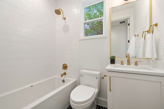 bathroom with visible vents, shower / bathtub combination, toilet, and vanity