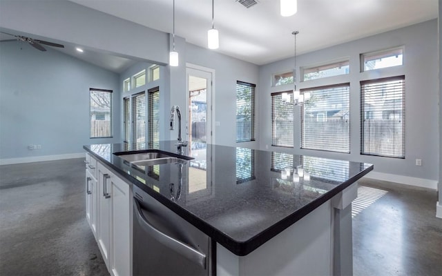 kitchen featuring a sink, baseboards, dishwasher, and finished concrete floors