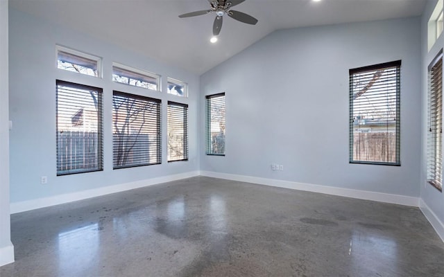 unfurnished room featuring finished concrete flooring, a ceiling fan, baseboards, lofted ceiling, and recessed lighting