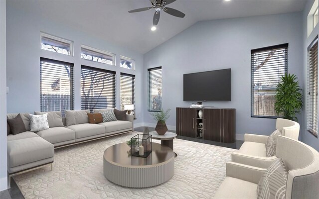1128 Gunter St Unit B, Austin, TX 78702 - living area featuring ceiling fan, plenty of natural light, baseboards, recessed lighting, and high vaulted ceiling