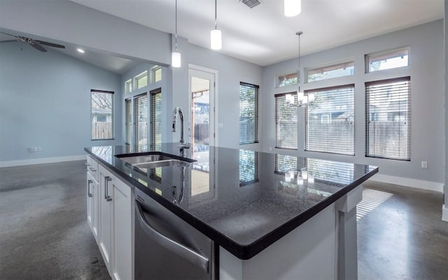 1128 Gunter St Unit B, Austin, TX 78702 - kitchen featuring dishwasher, a sink, baseboards, concrete floors, and lofted ceiling