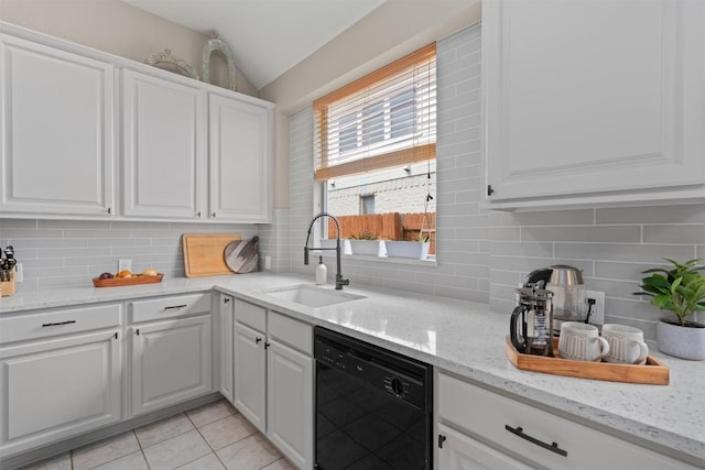 kitchen with a sink, tasteful backsplash, dishwasher, and white cabinets