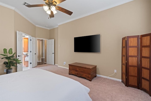 bedroom featuring light carpet, visible vents, crown molding, and baseboards