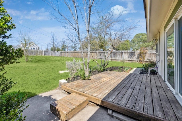 wooden deck with a yard and a fenced backyard