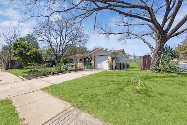 ranch-style house with a garage, driveway, a front lawn, and fence