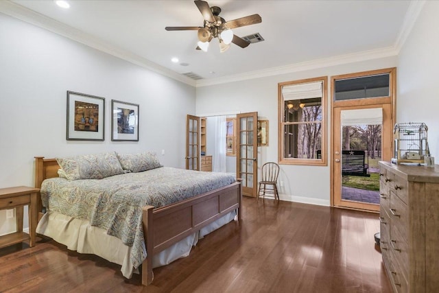 bedroom featuring baseboards, dark wood-style floors, ornamental molding, and access to outside