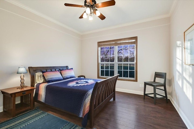 bedroom with baseboards, wood-type flooring, ceiling fan, and crown molding