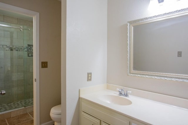 bathroom featuring vanity, a shower stall, and toilet