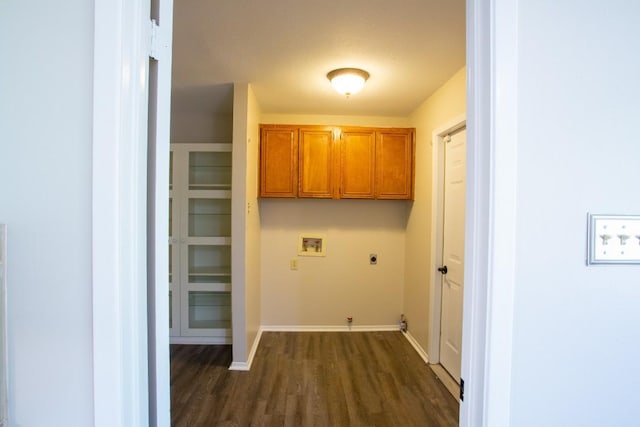 clothes washing area with dark wood-style floors, hookup for an electric dryer, cabinet space, washer hookup, and hookup for a gas dryer