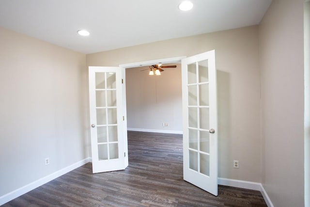 empty room featuring baseboards, recessed lighting, dark wood-style flooring, ceiling fan, and french doors